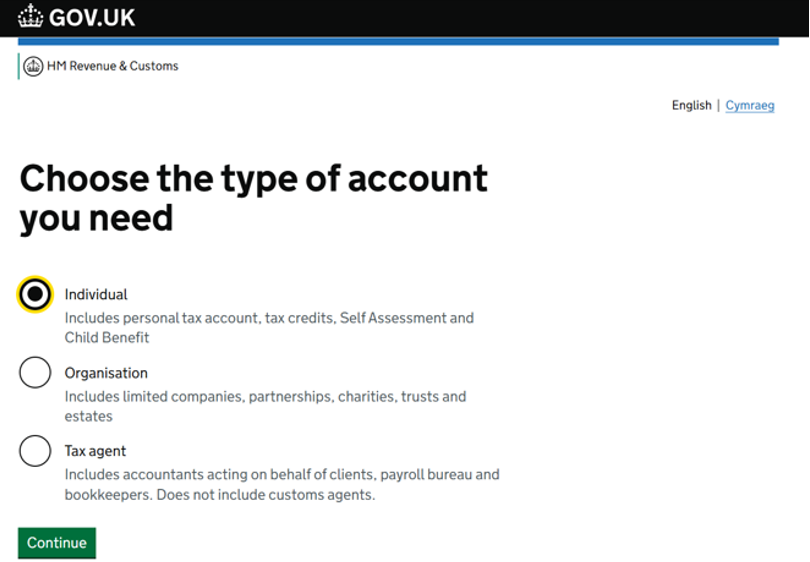 Choose type of account: Individual